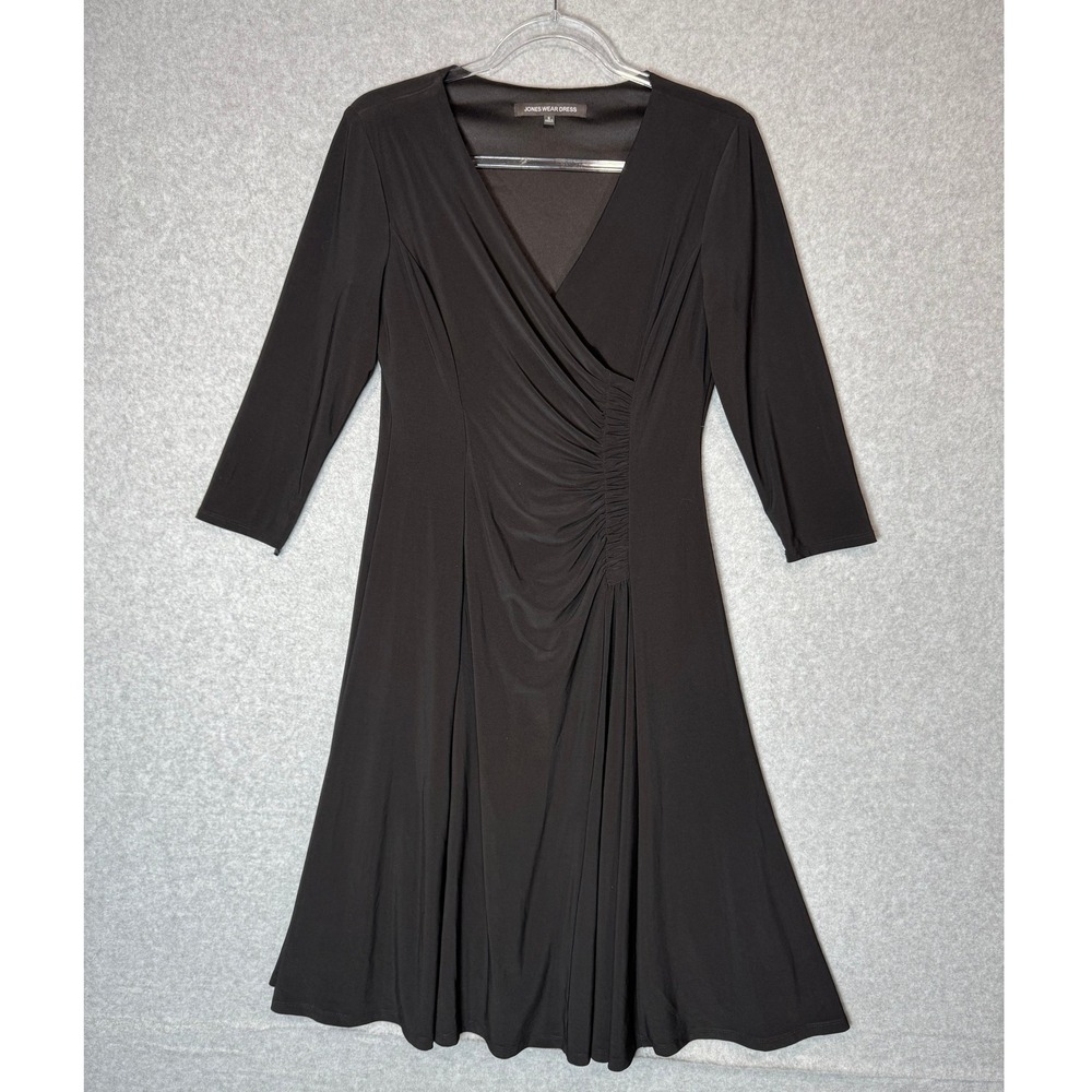 Jones Wear Dress Womens 8 Black Midi 3/4 Sleeve‎ Ruched Career Party